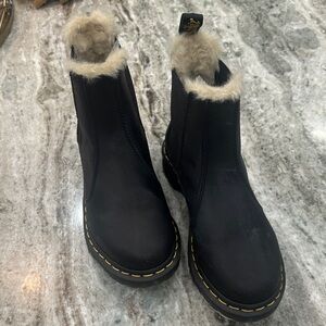 Dr. Martens Black Leather Chelsea Boots with Beige Fur Trim